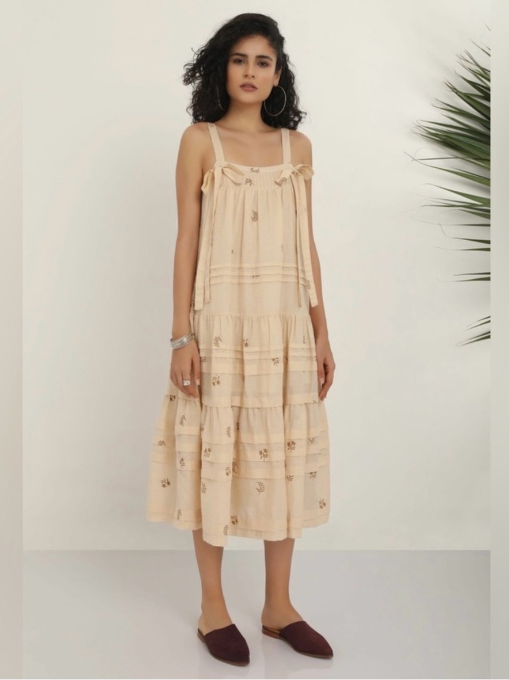 Kopal Ruby Linen Dress Tiered Midi Sundress Cottagecore Prairie Size Medium